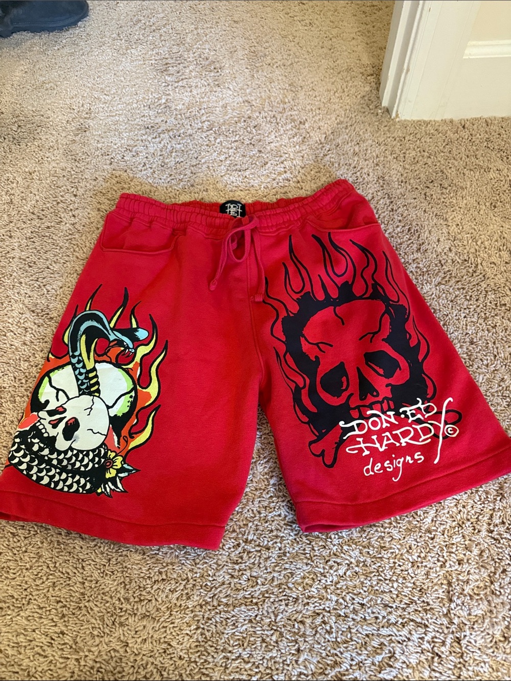 Ed Hardy Red Skull & Flame Graphic Athletic Shorts